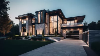 طراحی نمای بیرونی مدرن یک خانه لوکس با باغ و آسمان زیبا