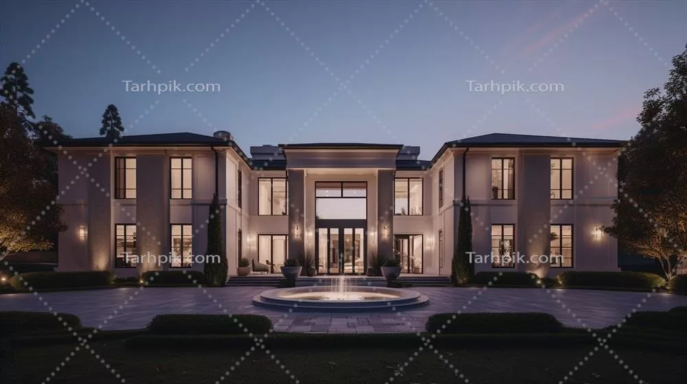 طراحی هوش مصنوعی نمای مدرن یک خانه لوکس با باغ و آسمان زیبا