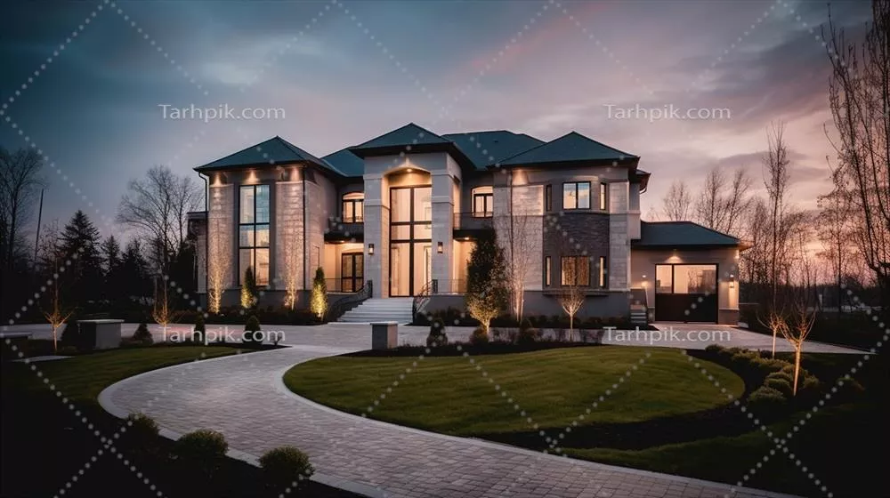 خانه لوکس مدرن با طراحی هوش مصنوعی و باغ زیبا زیر آسمان دلنواز
