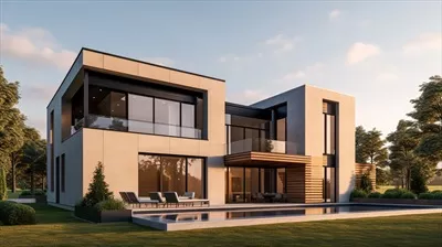 نمای زیبای یک خانه لوکس مدرن با باغ و آسمان زیبا و طراحی هوش مصنوعی