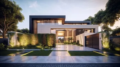 طراحی مدرن نمای خارجی یک خانه لوکس با باغ و آسمان زیبا