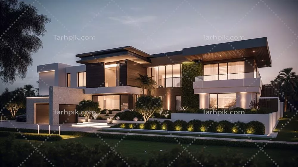 تولید هوش مصنوعی نماهای مدرن و لوکس خانه با باغ و آسمان زیبا