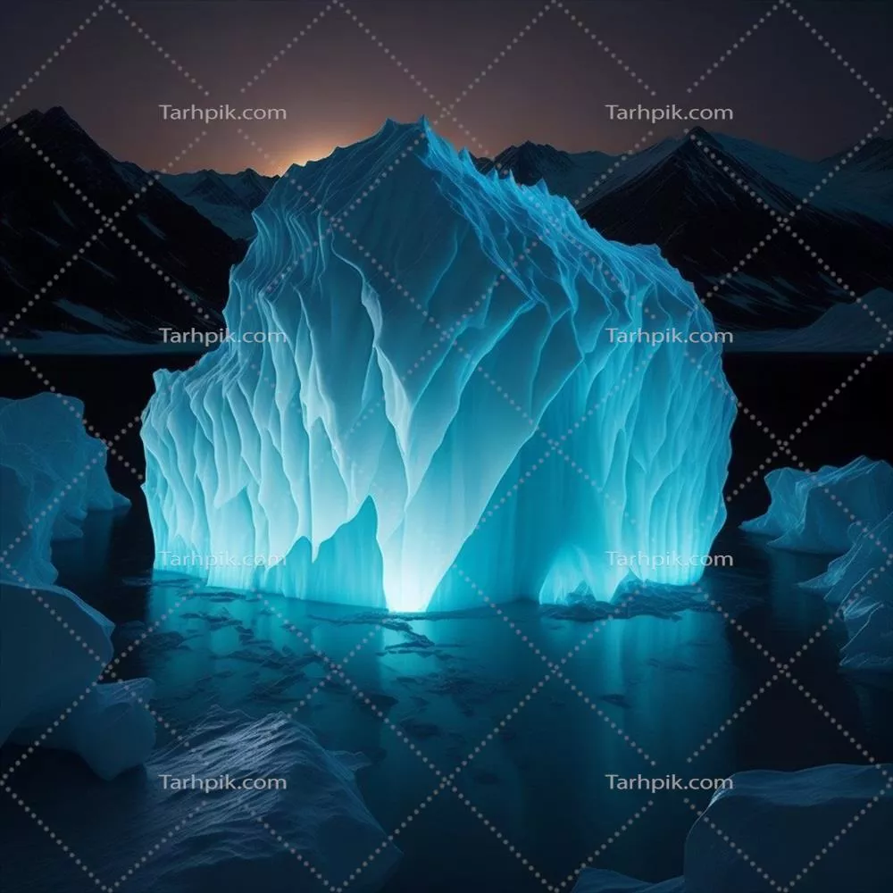 تجسم هنری یخچال درخشان در دریاچه در شب با استفاده از هوش مصنوعی