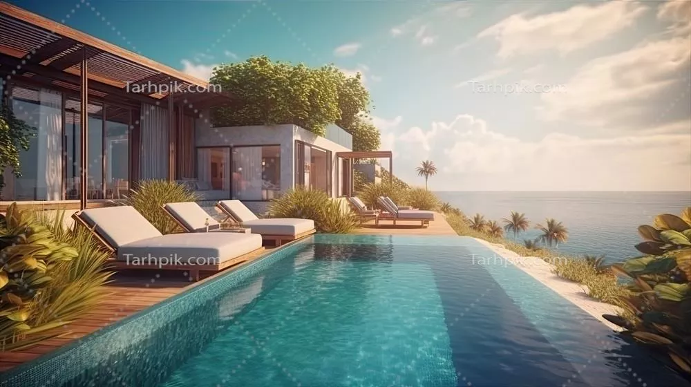 تصویر استخر و ویلا در ساحل همراه با loungers آفتابگیر و استخر خصوصی با چشمانداز دریا در یک مرکز تفریحی لوکس