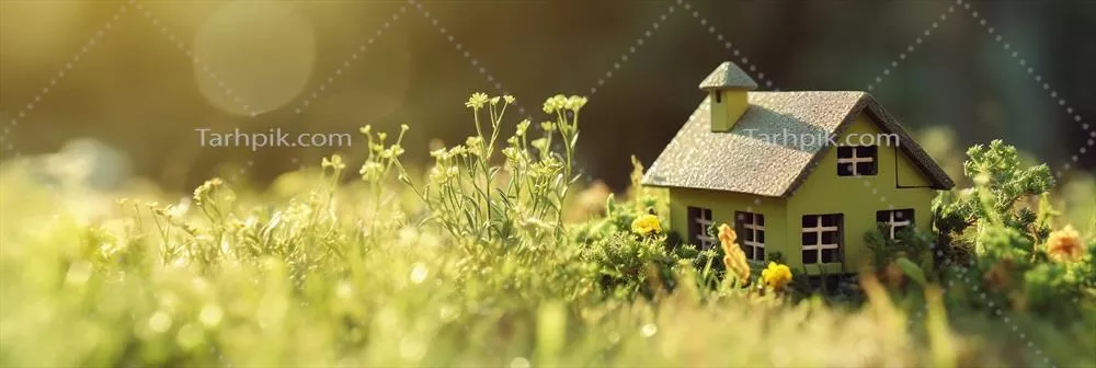 مینیاتوری از خانه چوبی سبز و دوستدار محیط زیست در علف های بهاری با فناوری هوش مصنوعی