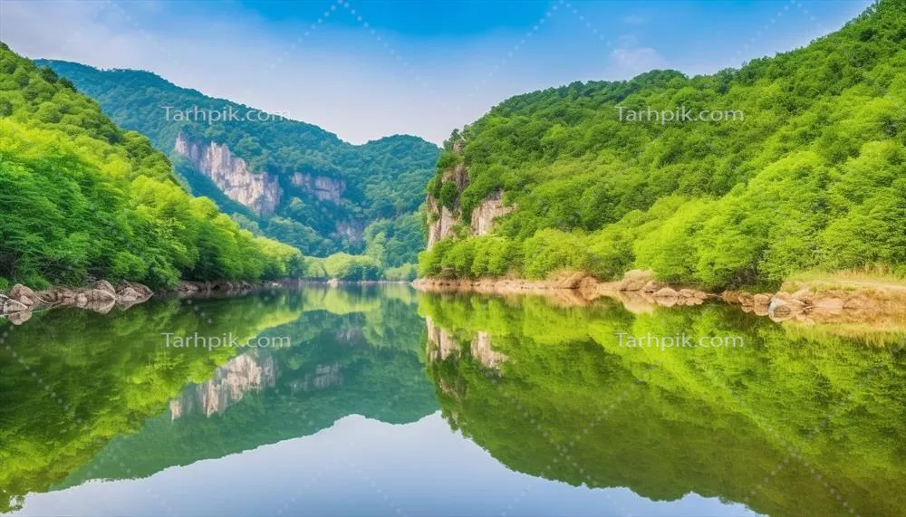 تصویر آرامشبخش از انعکاس کوه در دریاچه، زیباییهای طبیعی تولید شده با هوش مصنوعی