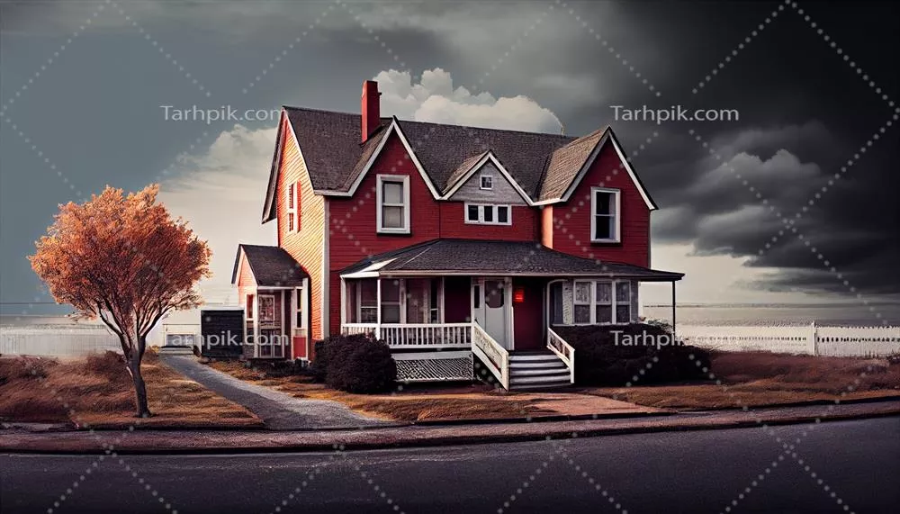 نماfront وسیع خانه بزرگ با درختان در صحنه خلق شده با هوش مصنوعی