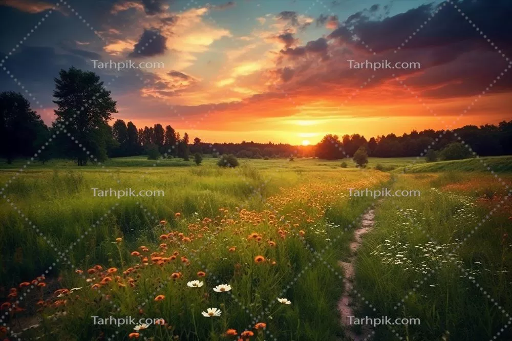 غروب خورشید بر فراز دشت با طبیعت زیبا و خلق شده با هوش مصنوعی