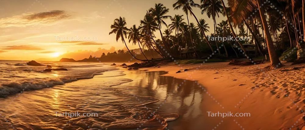 ساحل زیبای غروب با درختان نارگیل و مناظر خیره‌کننده در هنر هوش مصنوعی