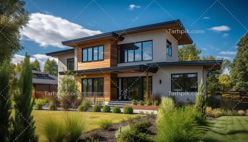 خانه مدرن لوکس با حیاط منظم و طراحی شده با هوش مصنوعی در دل طبیعت