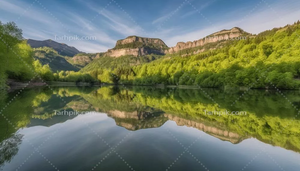 نقش کوهستان باشکوه در آب‌های آرام برکه؛ زیبایی طبیعی و خلق اثرات هوش مصنوعی