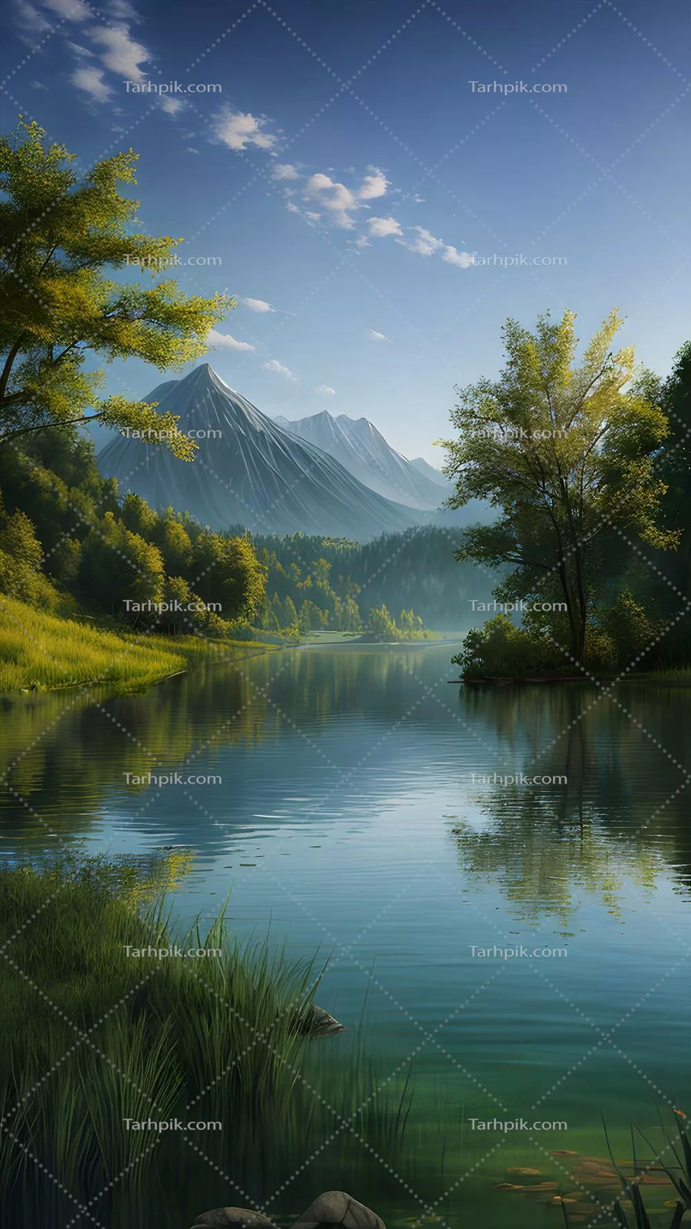 چشم‌انداز زیبا از طبیعت، انعکاس درختان سبز و تپه‌های کوهستانی با فناوری هوش مصنوعی