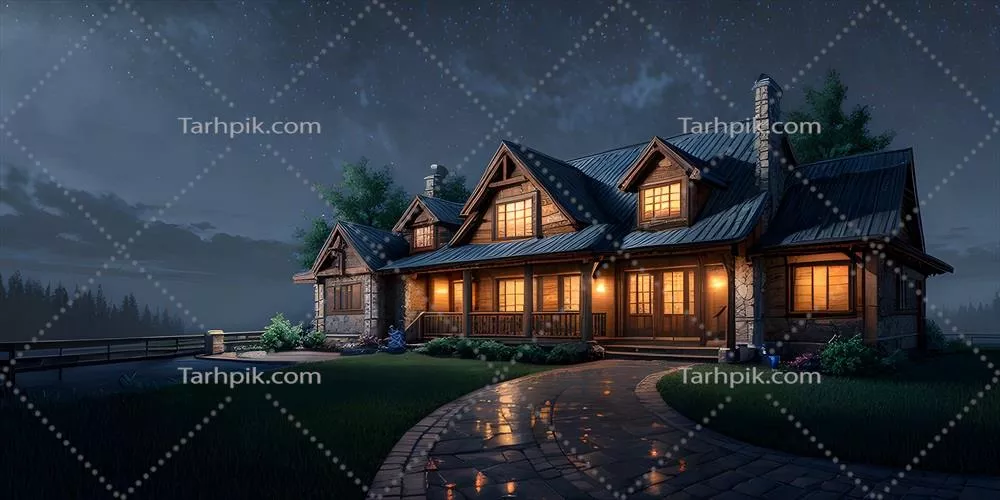 تصویری واقع‌گرایانه از نمای خارجی خانه شب در محیطی خلاقانه با فناوری هوش مصنوعی