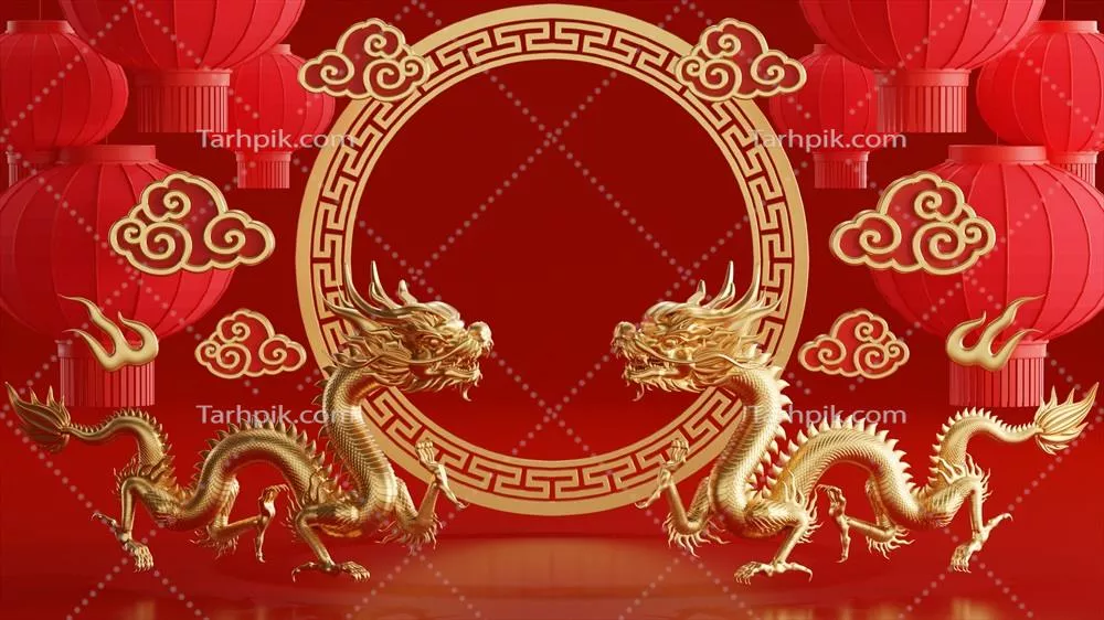 تصویرسازی سه بعدی برای جشن سال نوی چینی 2024 و نماد زودیاک اژدها با عناصر آسیایی و فانوسهای گل در پسزمینه قرمز و طلایی