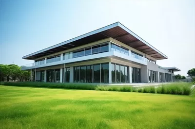 زیبایی و مدرنیته: نمای خارجی خانه مدرن در محله مسکونی مینیمالیستی با چمنزار