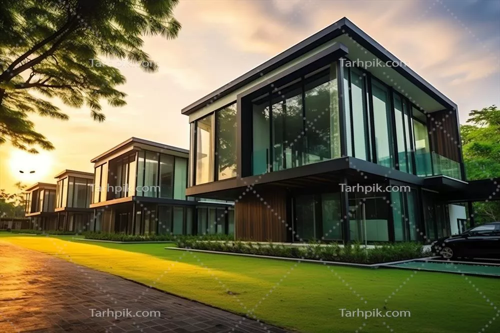 خانه مدرن زیبا با نمای بیرونی و علفزار در محله مسکونی مینیمالیستی