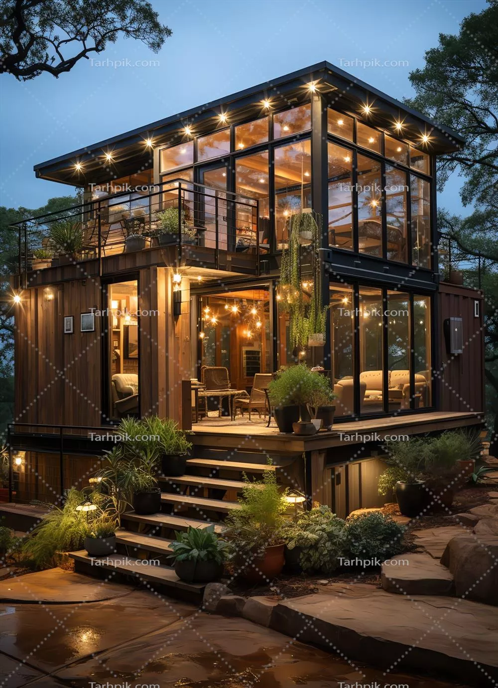 طراحی مفهوم خانه کانتینری مدرن دو طبقه بر روی زمین به عنوان کافی شاپ یا رستوران