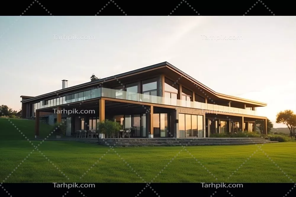 خانه مدرن زیبا با نمای بیرونی در یک منطقه مسکونی مینیمالیستی و دشت چمن