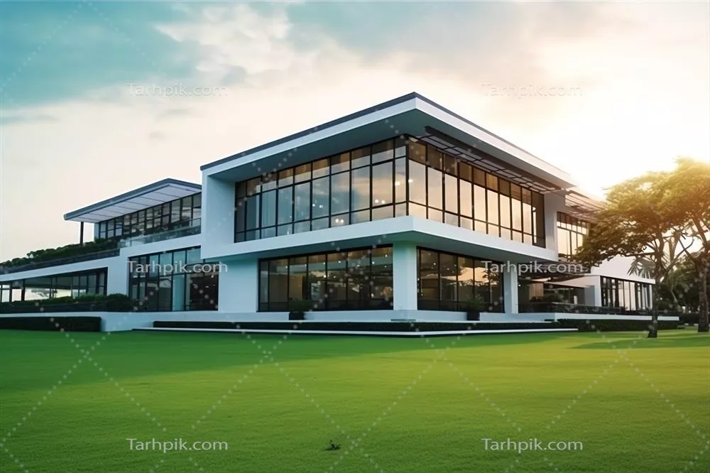 خانه مدرن زیبا با نمای خارجی، میدان چمن و مفهوم ساختمان مینیمالیستی در یک منطقه مسکونی مدرن