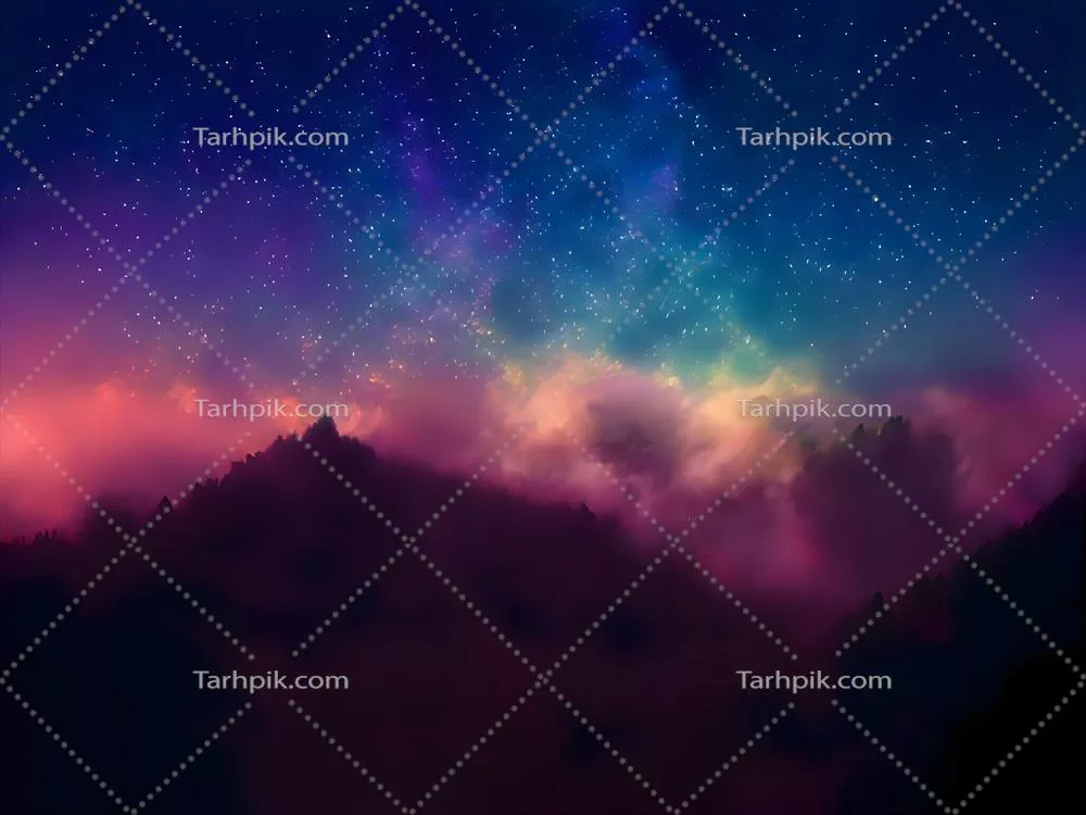 تصویر شب از منظره کوهستان با کهکشان راه شیری در فواصل طولانی و نور کم