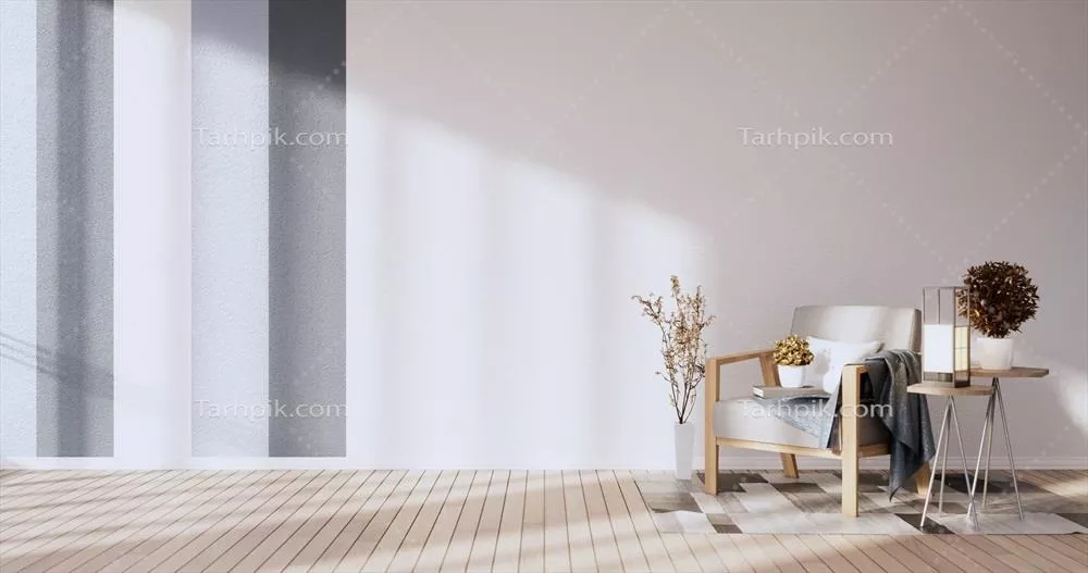 طراحی سه‌بعدی دیوار دو رنگ طوسی و سفیده برای اتاق نشیمن با طرح رنگارنگ