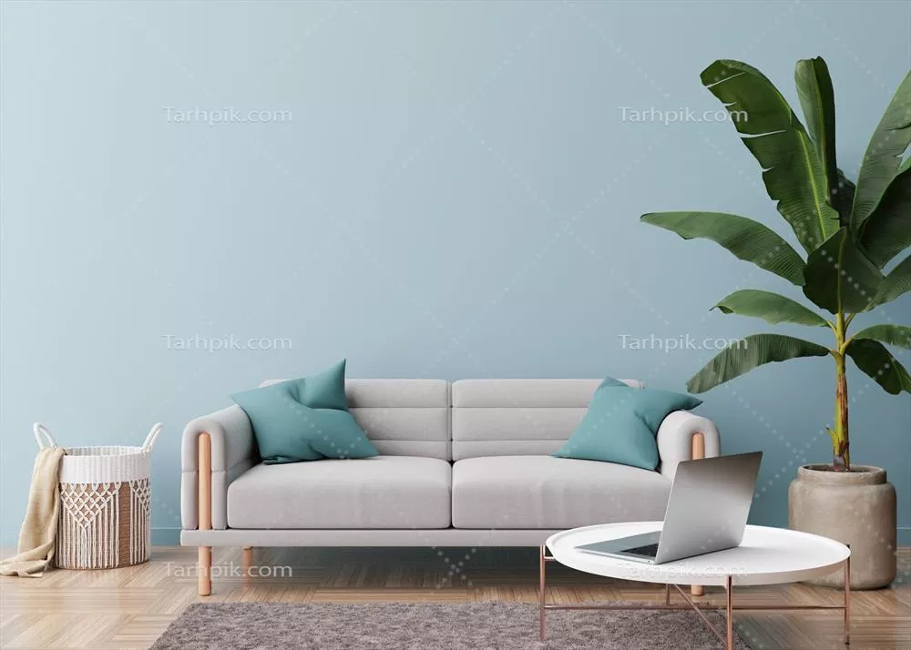دیوار خالی آبی روشن در اتاق نشیمن مدرن به سبک اسکاندیناوی با فضای خالی برای طراحی