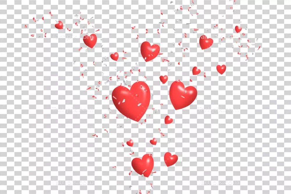 قلب قرمز سه‌بعدی با کنفتی بر روی پس‌زمینه شفاف