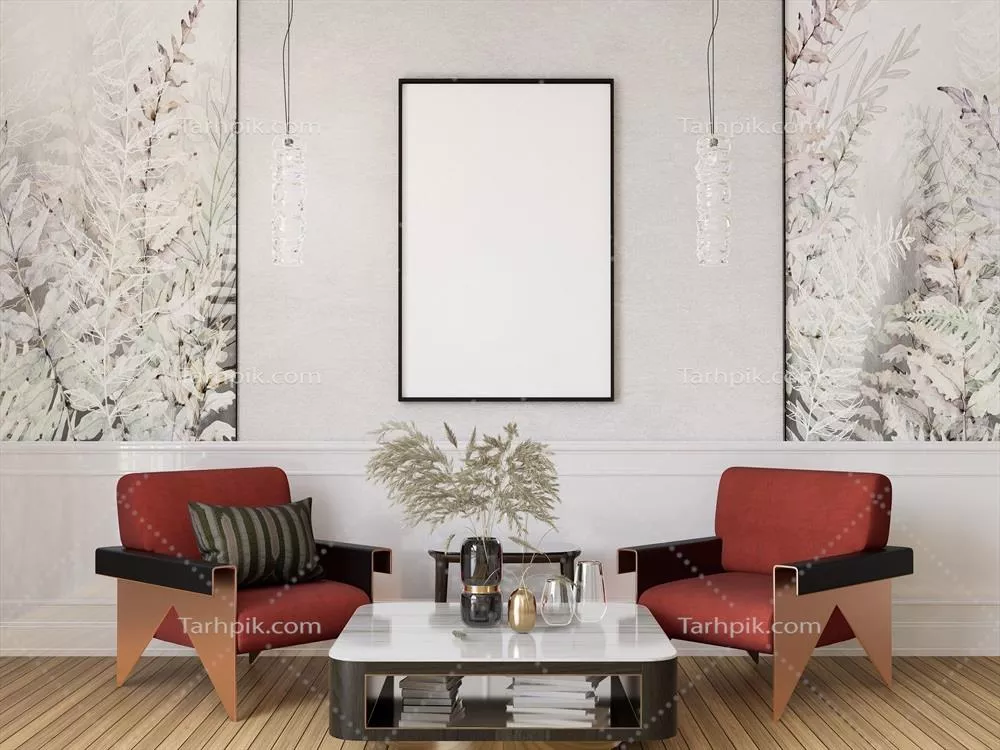 تصویر سهبعدی از یک فریم خالی در اتاق نشیمن با طراحی مدرن و زیبا