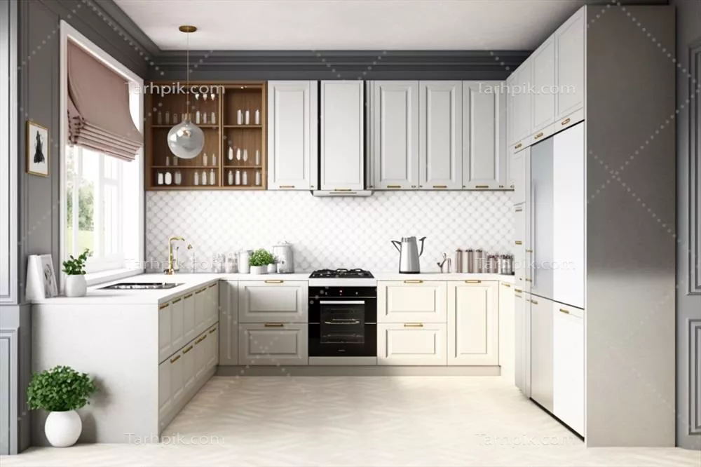 آشپزخانه مدرن و روشن سفید با عناصر چوبی طراحی شده با هوش مصنوعی