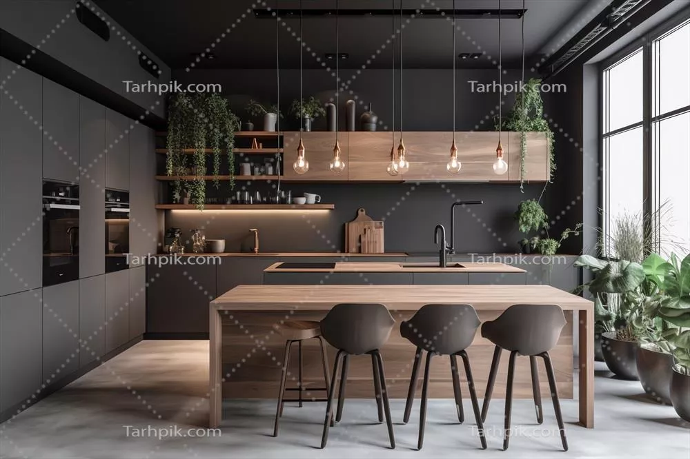آشپزخانه چوبی و خاکستری: طراحی مدرن و هوشمندانه با استفاده از هوش مصنوعی
