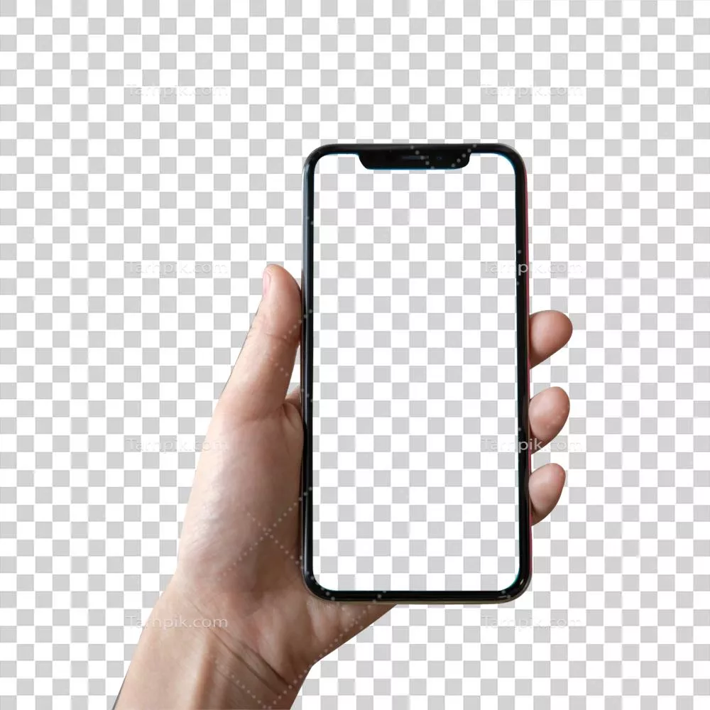 دست زنانهای که گوشی هوشمند مشکی مدرن را به صورت عمودی در دست دارد