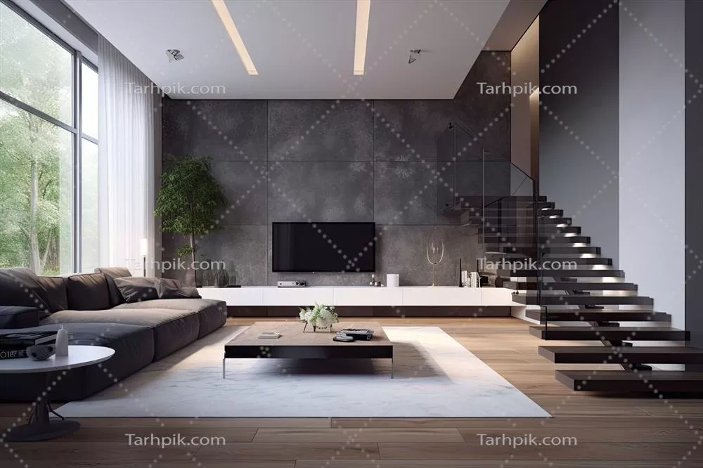 آپارتمان مدرن با اتاق نشیمن وسیع و پنجرههای بزرگ برای طراحی داخلی زیبا