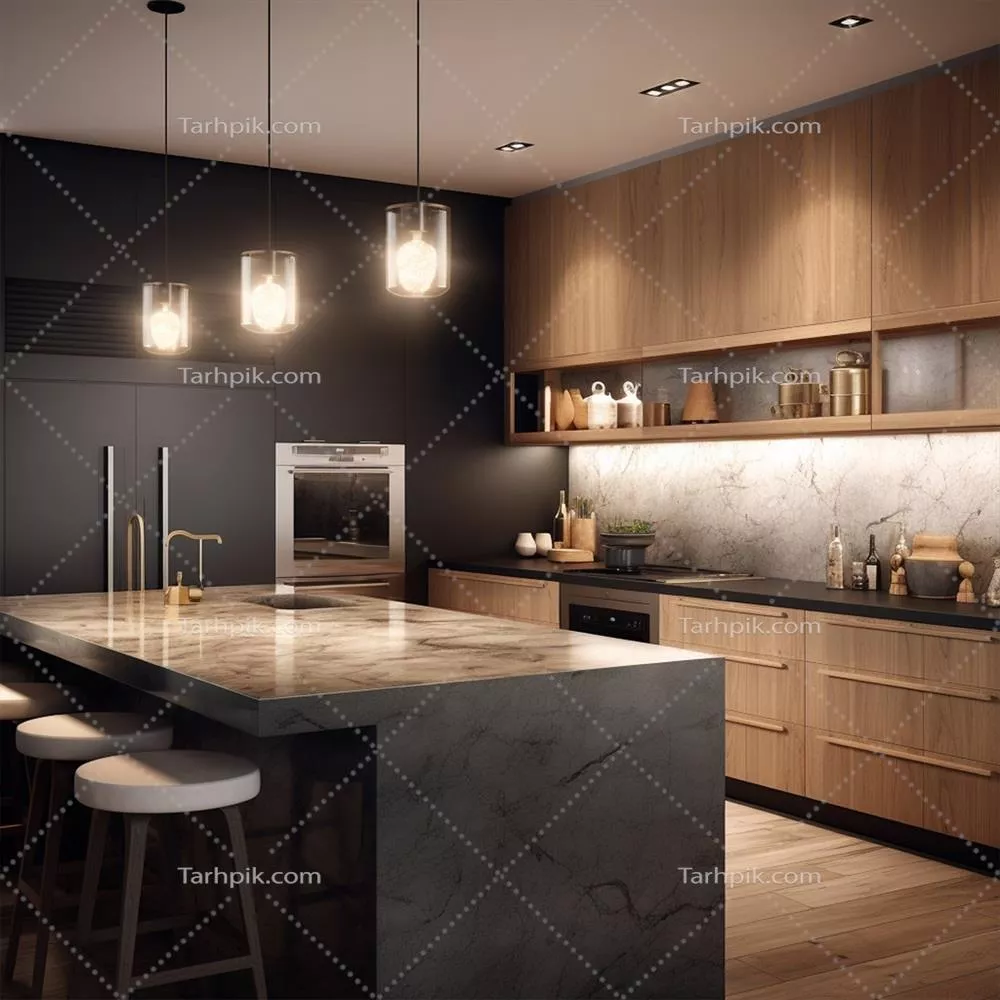 آشپزخانه‌ای با جزیره بزرگ و چراغ آویز از سقف | طراحی شده با هوش مصنوعی