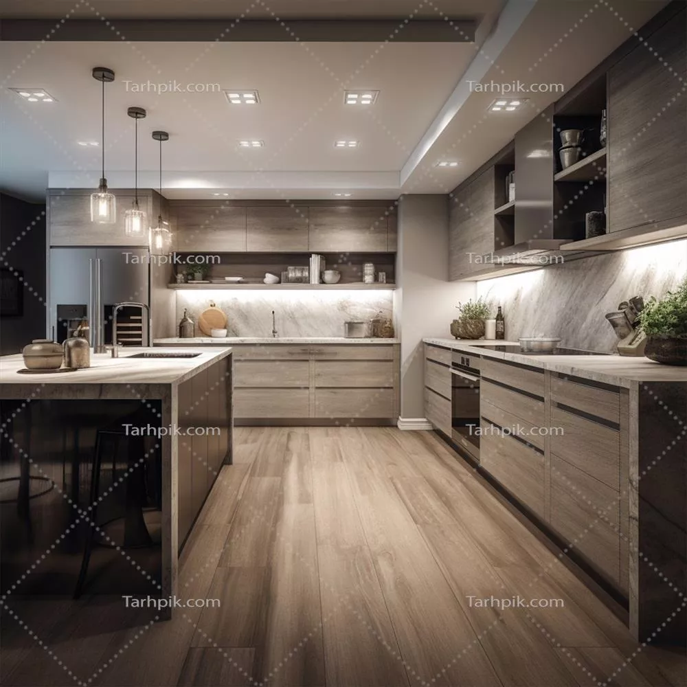 آشپزخانه ای با جزیره بزرگ و صفحه چوبی به صورت هوش مصنوعی تولید شده