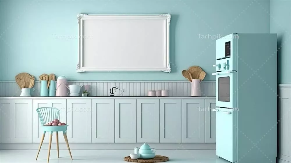 رندر سه بعدی داخلی آشپزخانه کاربردی با فریم یا تخته خالی برای نمایش