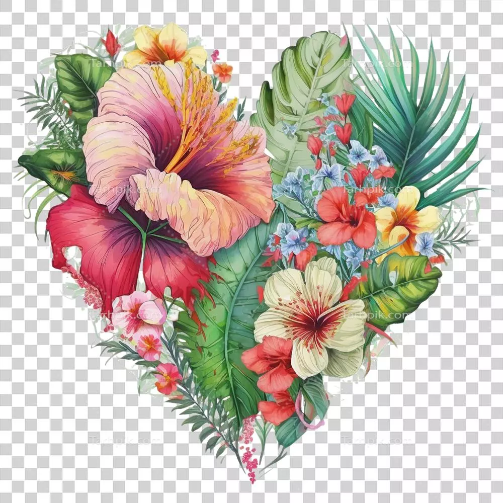 هنر آبرنگی با طراحی قلبی از برگ‌ها و گل‌های گرمسیری