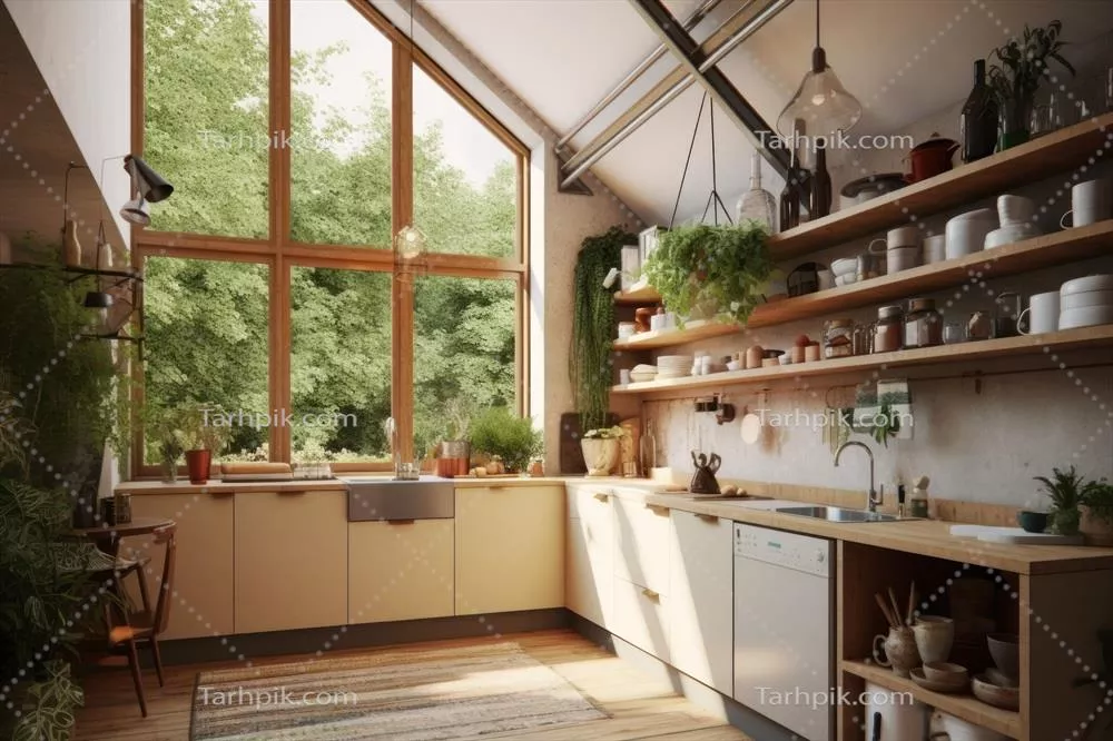 ذخیره‌سازی برای آشپزخانه مینیمالیستی و نمای صبحگاهی در فضای کوچک