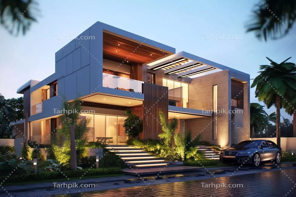 خانه مدرن زیبا با نمای چشم نواز و پارکینگ در یک منطقه مسکونی مینیمالیستی