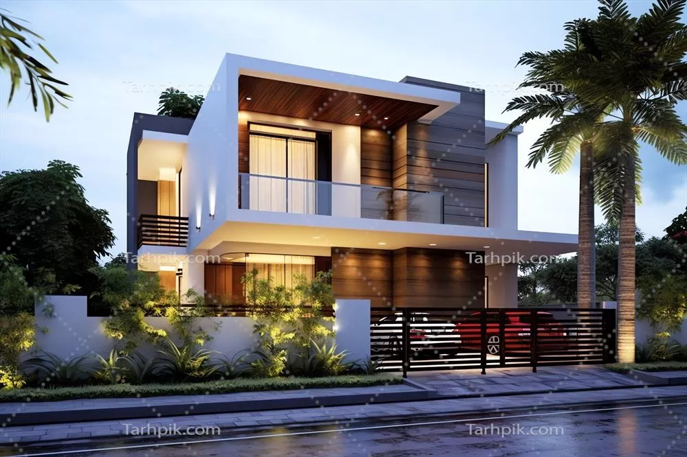 یک خانه مدرن و زیبا با نمای خارجی منحصر به فرد و پارکینگ در محله مسکونی مدرن و مفهوم طراحی مینیمالیستی