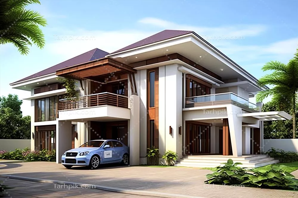 خانه مدرن زیبا با نمای خارجی و کارپورت در منطقه مسکونی مینیمالیستی