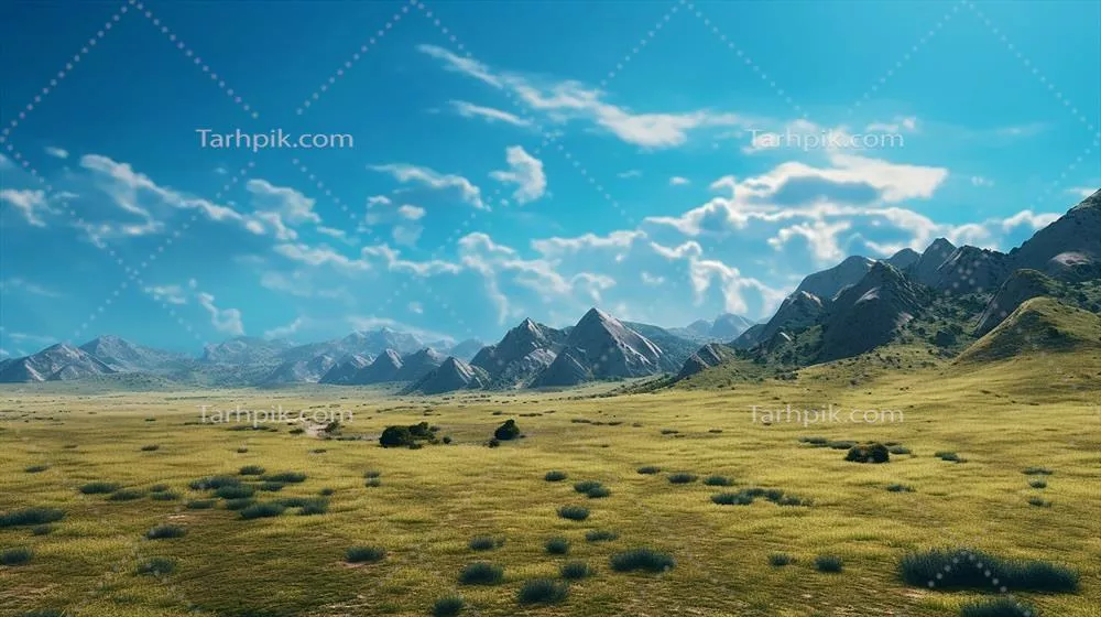 نمایی از تپهها با دشتهای سبز وسیع در زیر آسمان آبی روشن