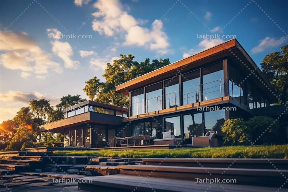 مدل سازی هوش مصنوعی از خانه های زیبا با معماری مدرن در نور روز آفتابی