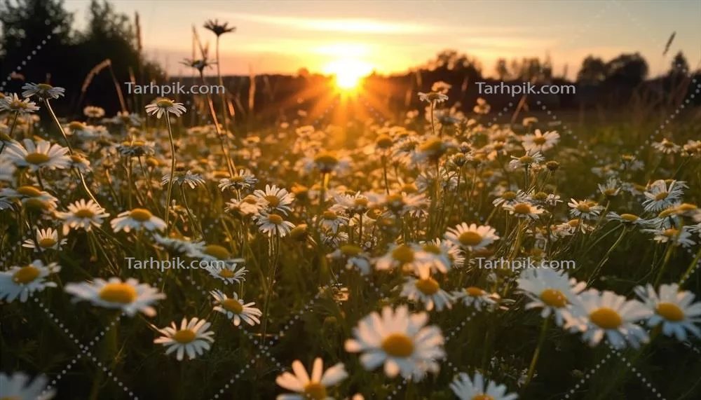 زیبایی طبیعت در یک چمنزار با غروب تابستان و گل سفید مریم گلی زرد