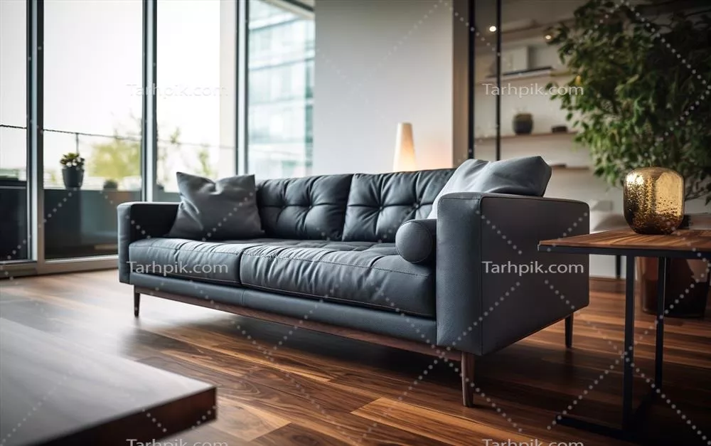 اتاق نشیمن مدرن با نمایش کاناپه شیک و طراحی باریک و کفپوش چوبی