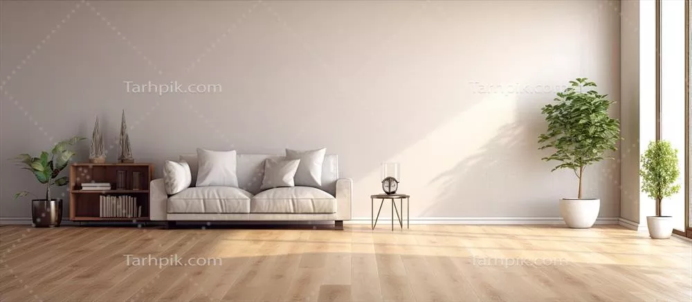 اتاق نشیمن خالی با کف چوبی بلوط قدیمی و کاغذ دیواری وینیل راه‌راه