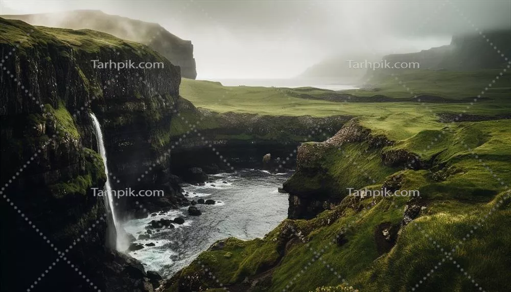 رشته‌کوه‌های باشکوه با صخره‌های مرطوب و آبشارهای جاری در زیبایی طبیعت