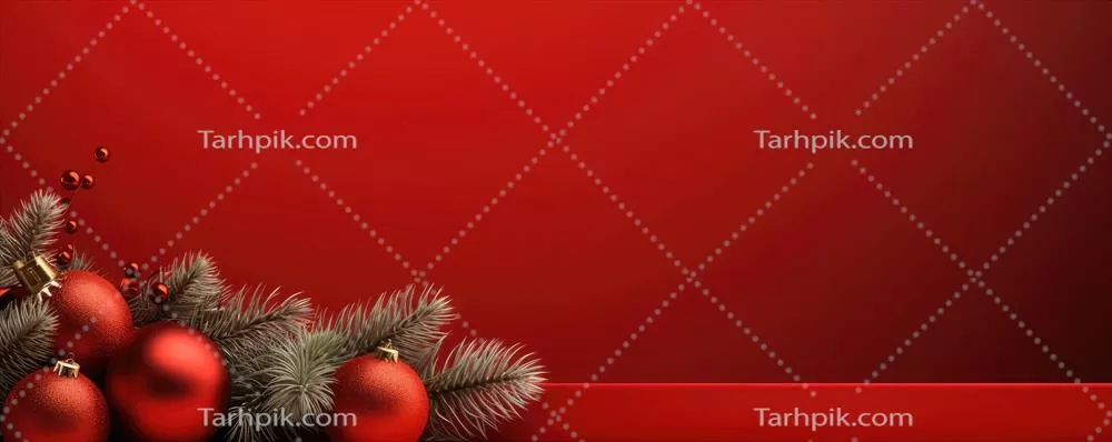 پس‌زمینه کریسمس با توپ‌های قرمز و شاخه‌های کاج - تولید شده توسط هوش مصنوعی