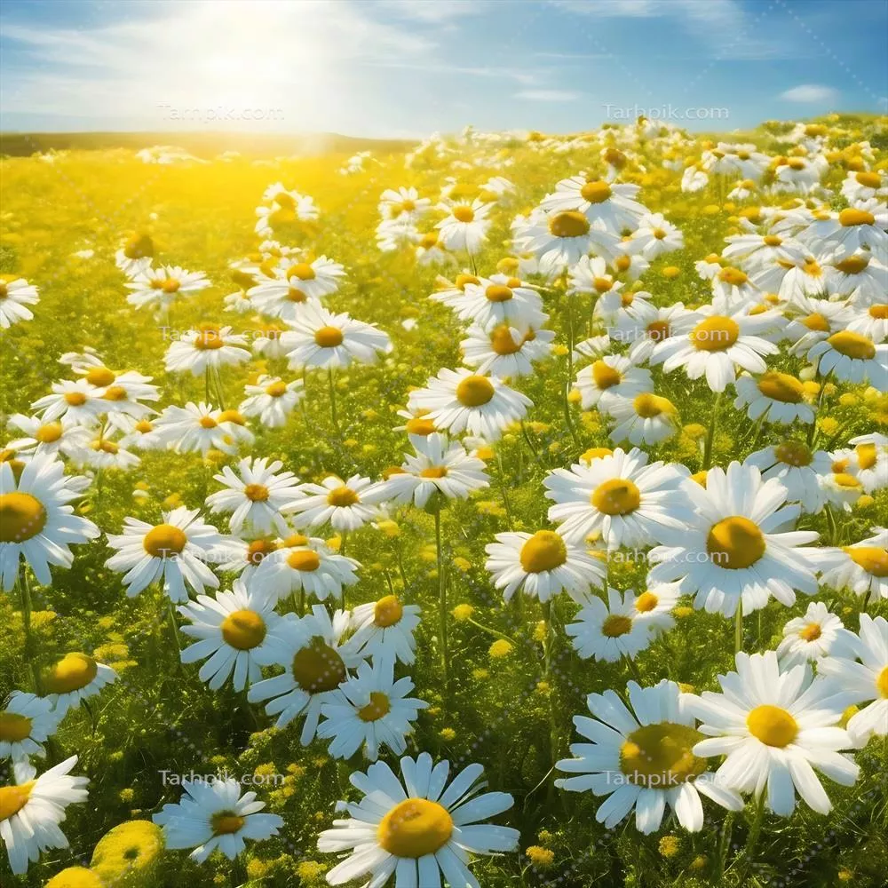 گلزار بابونه در نور خورشید، روز تابستانی با گلهای داوودی و بابونه