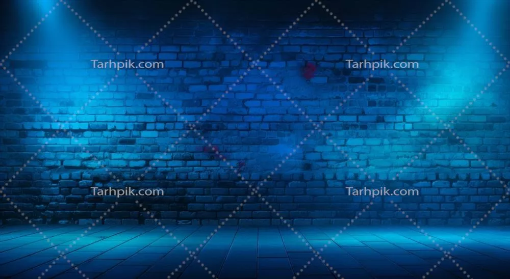 تصویر سه بعدی دیوار و کف آجر آبی با نورافکن ها به صورت تولید شده با هوش مصنوعی