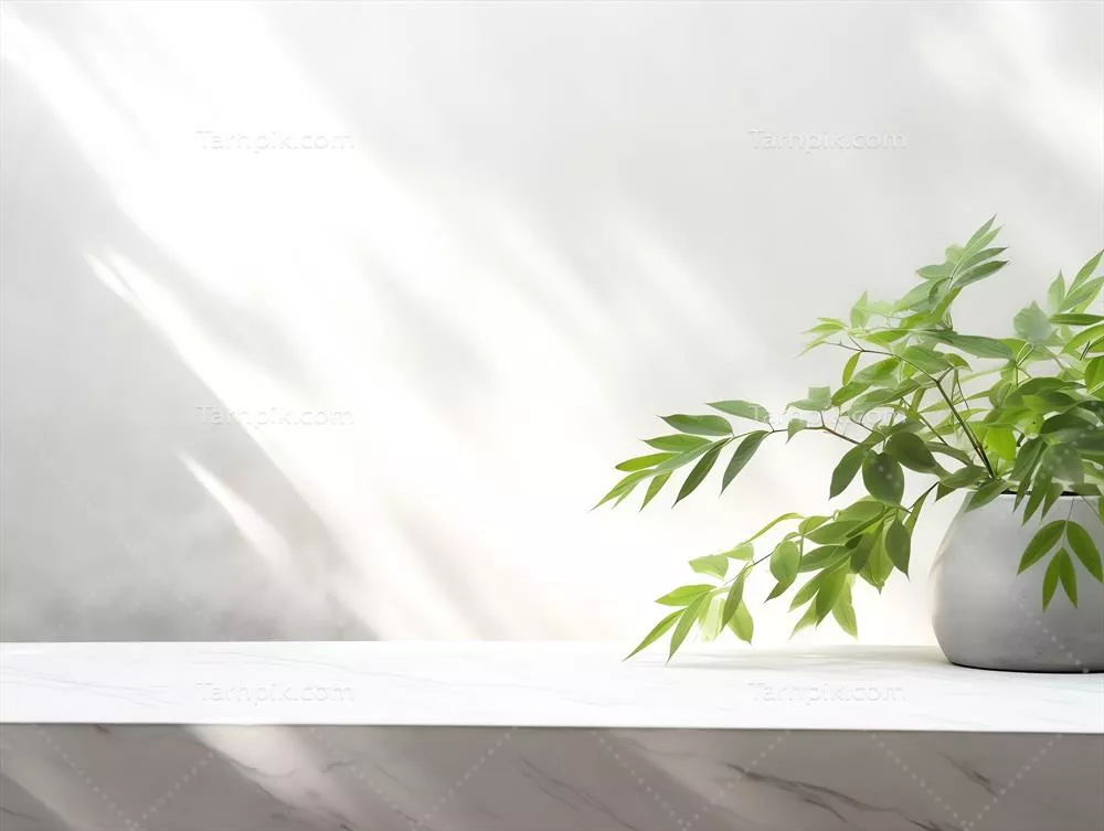 مجموعه محصولات با صفحه میز مرمر سفیدی که در آن گیاه و فضای خالی برای متن وجود دارد